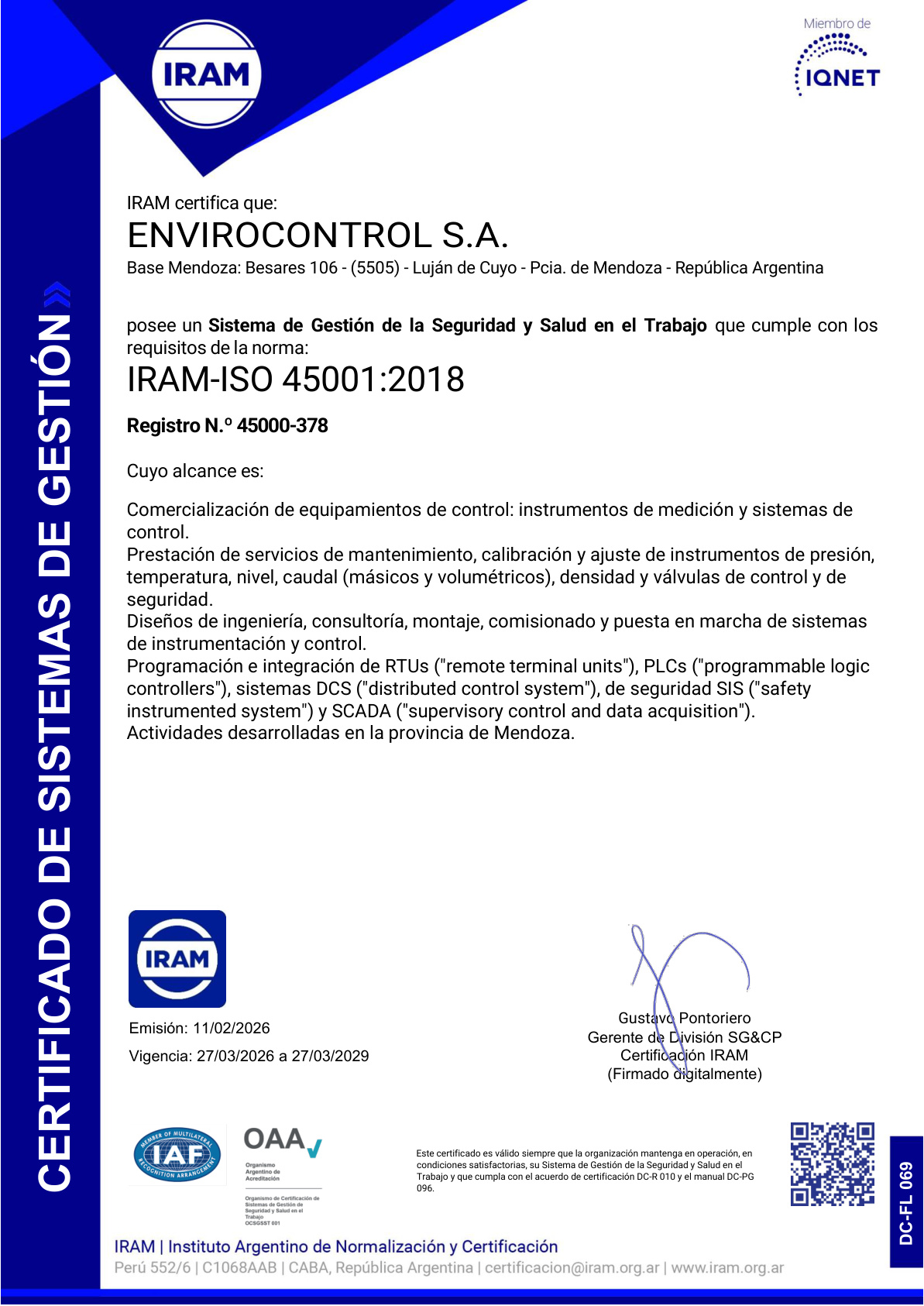 Certificado ISO 45001 IRAM